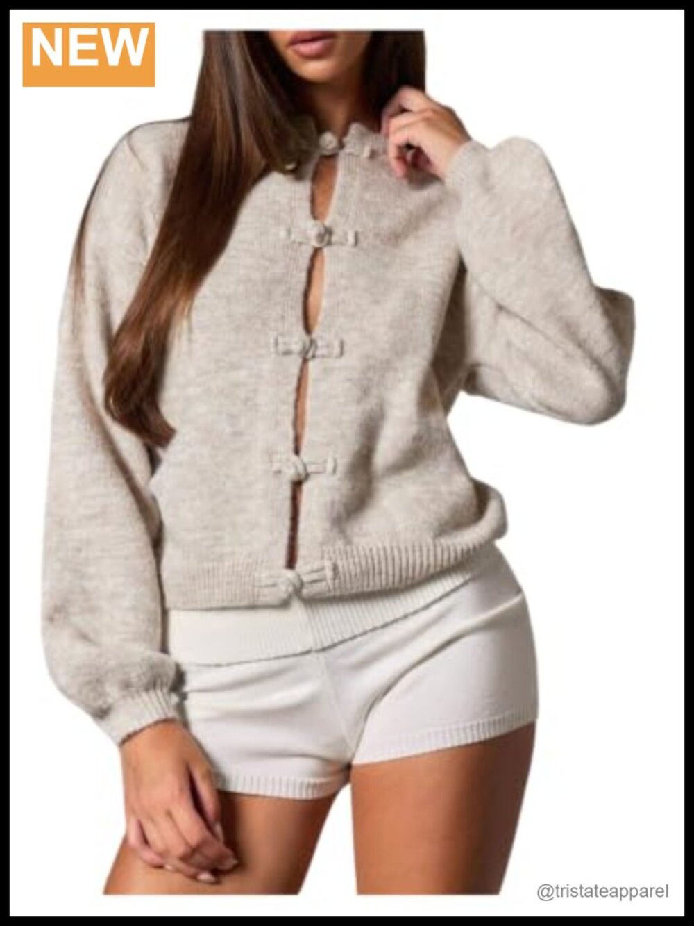 Women's Long Sleeve Cardigan Frog Button Chunky Knit Crew Neck Sweater